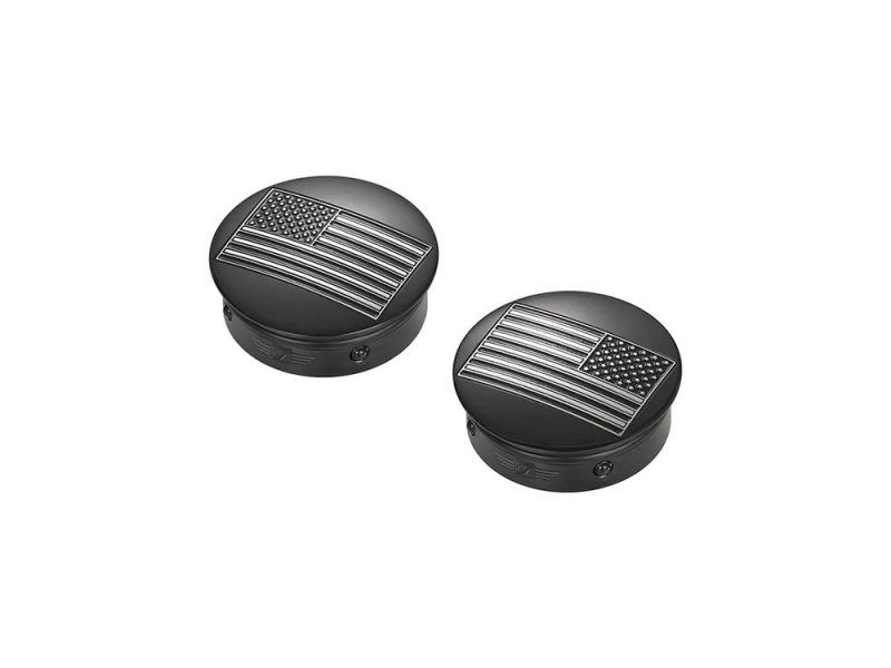 Black motorcycle foot peg caps with American flag design, ideal for custom bikes and enhance riding style.
