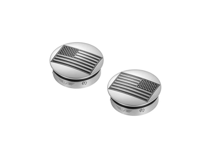 American flag motorcycle engine covers, silver chrome finish, custom Harley Davidson motorcycle accessories.