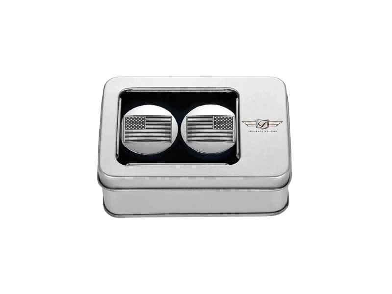 American flag cufflinks in a sleek silver box, perfect for motorcycle enthusiasts and patriotic accessories.