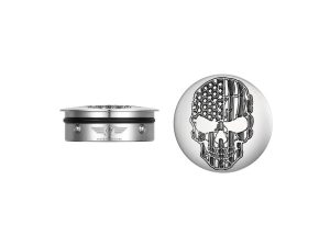 Skeletal skull pin with American flag design for motorcycle enthusiasts.