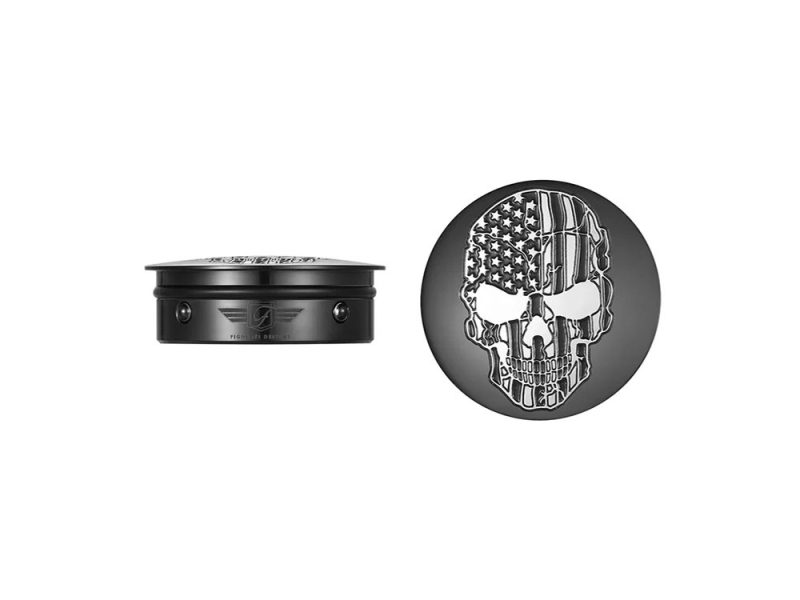 Swingarm Pivot Bolt Covers - Black with American Flag Skull. Fits Touring 2011up Skull skullcap skull helmet skull cap with American flag design for motorcycle riding.