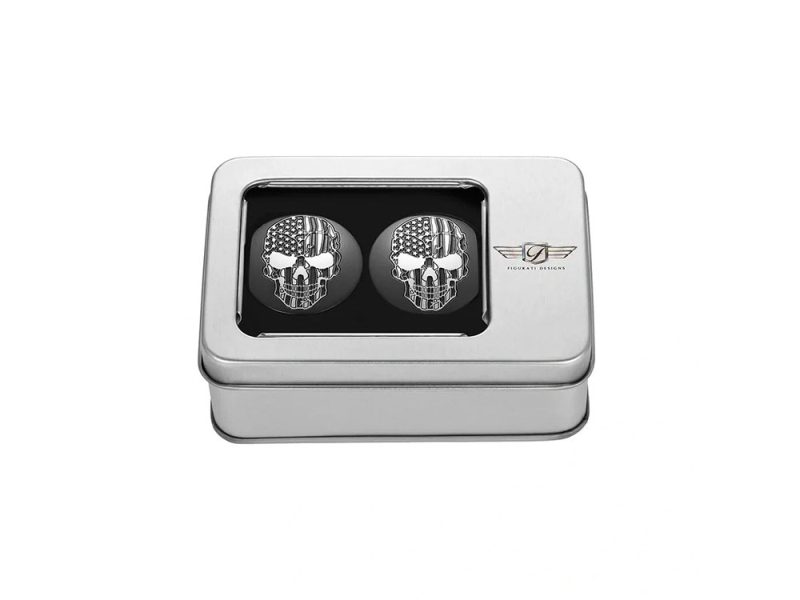Skull skull caps with American flag design in a metal display box for motorcycle enthusiasts.