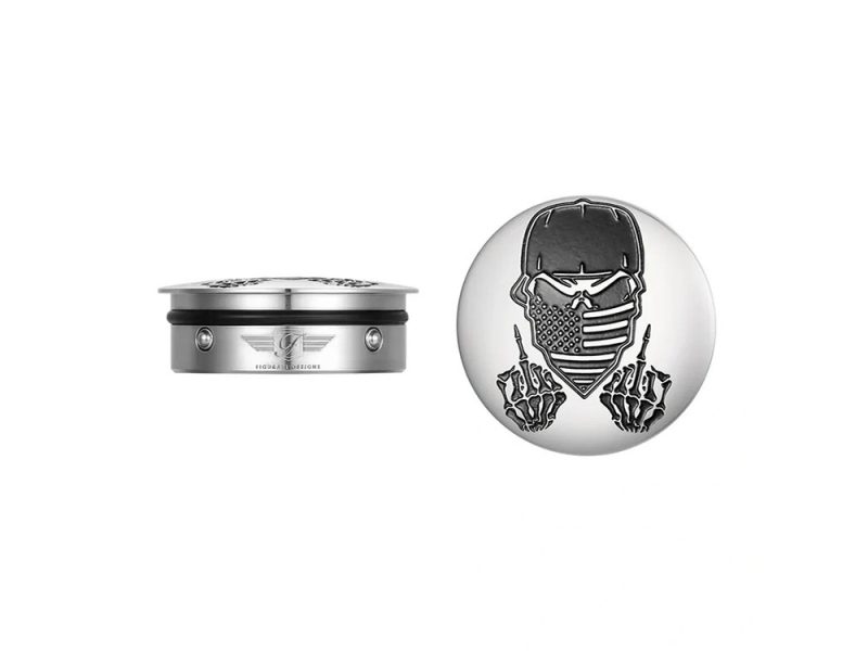Swingarm Pivot Bolt Covers - Stainless with Masked Skull. Fits Touring 2011up Sleek metallic motorcycle gear shift knob with skull and American flag face design for Revelry Motorcycles enthusiasts.