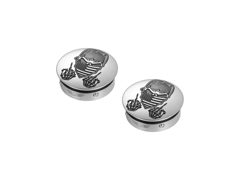 Chrome motorcycle valve caps with American flag and eagle design, perfect for Harley Davidson riders.