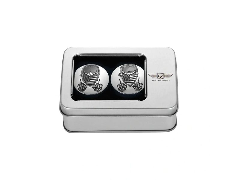 Stylish motorcycle cufflinks with skull and helmet design for rev heads and bikers.