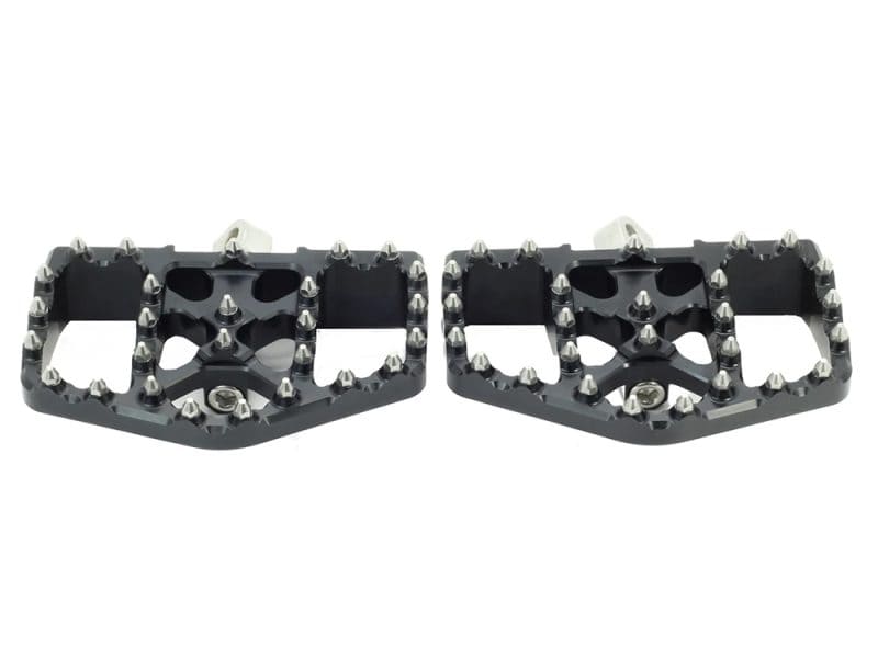 Aluminium motorcycle foot pegs with spike grip for Revelry Motorcycles.