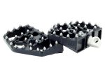 Heavy-duty motorcycle foot pegs with traction spikes for off-road riding, aluminium construction for durability.