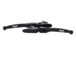 Foldable motorcycle brake and clutch levers for enhanced riding control and comfort.