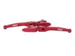 Red motorcycle brake lever set, high-performance bicycle parts for street and mountain biking.