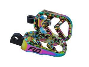 Rainbow anodised motorcycle footpegs for Revelry Motorcycles, high-quality aluminium footrest accessories.