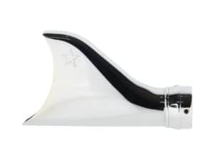 Chrome black and white motorcycle exhaust tip with star engraving.
