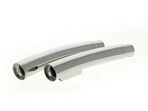 Chrome motorcycle exhaust pipes for Revelry Motorcycles AU, high-performance custom motorcycle parts, robust design, sleek chrome finish.