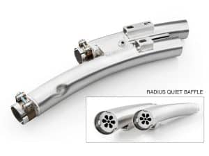 High-performance motorcycle exhaust system with radius quiet baffle for Revelry Motorcycles.