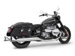 BMW cruiser motorcycle with saddlebags, chrome exhaust, and black-and-silver finish.