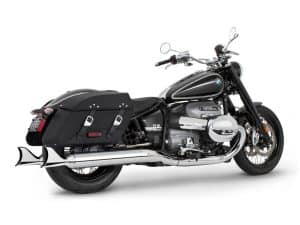 BMW cruiser motorcycle with saddlebags, chrome exhaust, and black-and-silver finish.