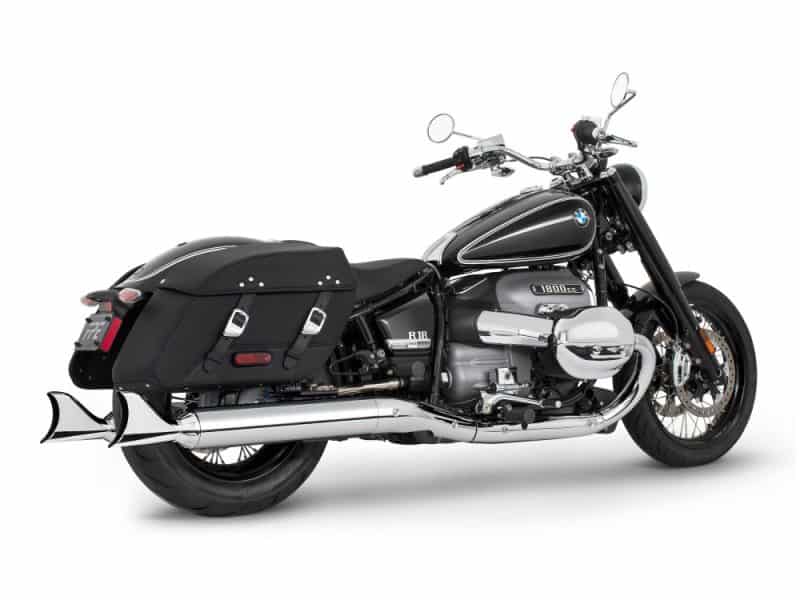 4in. Two-Step Slip-On Mufflers - Chrome with Sharktail Tips. Fits BMW R-18 Classic 2021up. BMW cruiser motorcycle with saddlebags, chrome exhaust, and black-and-silver finish.