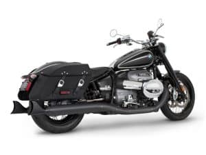 BMW cruiser motorcycle with saddlebags, black and chrome finish, ideal for touring.