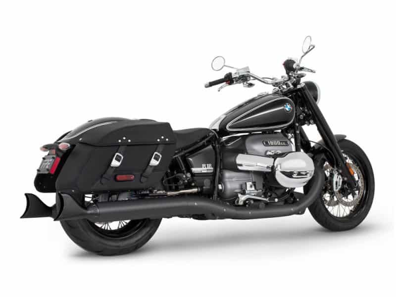 4in. Two-Step Slip-On Mufflers - Black with Sharktail Tips. Fits BMW R-18 Classic 2021up. BMW cruiser motorcycle with saddlebags, black and chrome finish, ideal for touring.