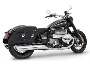 BMW cruiser motorcycle with saddlebag touring setup.