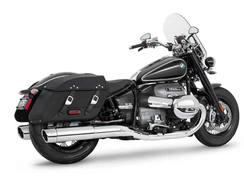 4.5in. Two-Step Slip-On Mufflers - Chrome with Chrome Combat Fluted Tips. Fits BMW R-18 Classic 2021up. BMW cruiser motorcycle with black leather saddlebags, chrome accents, and a comfortable touring design.