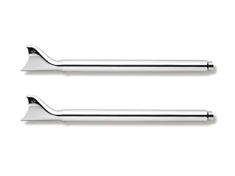 2-1/2in. Sharktail Slip-On Mufflers - Chrome. Fits Touring 1995-2016 & Trike 2017-2020. Polished motorcycle exhaust pipes, Revelry Motorcycles accessories, sleek chrome finish.