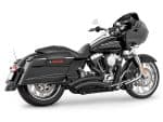Black touring Harley Davidson motorcycle with saddlebags and front fairing.