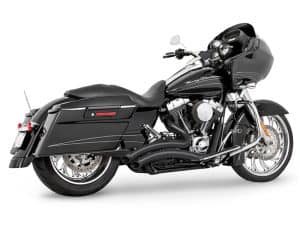 Black touring Harley Davidson motorcycle with saddlebags and front fairing.