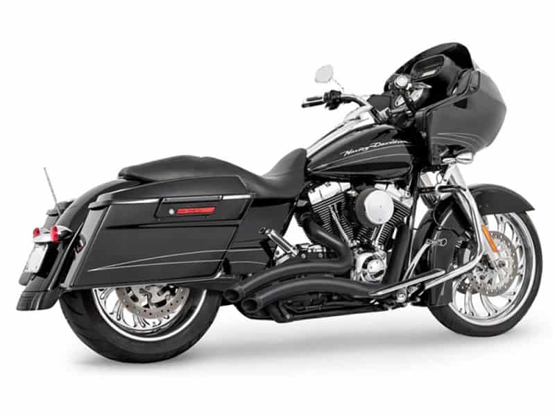 Sharp Curve Radius Exhaust - Black with Black End Caps. Fits Touring 1995-2016 Black touring Harley Davidson motorcycle with saddlebags and front fairing.