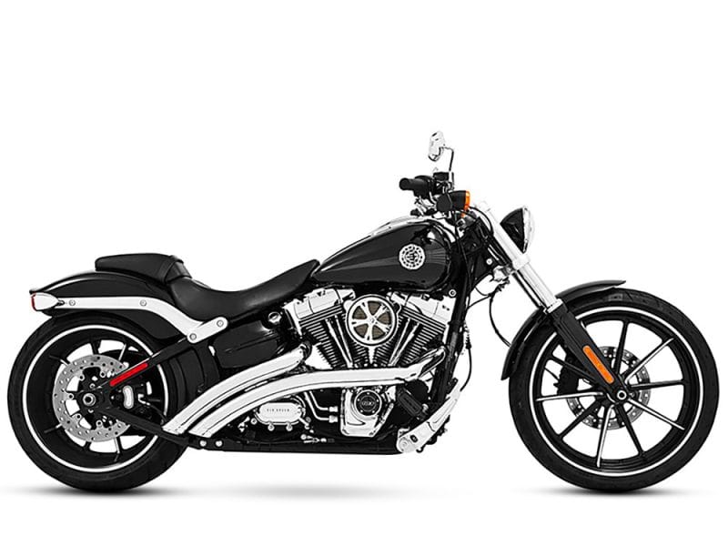 Radical Radius Exhaust - Chrome with Chrome End Caps. Fits Softail Breakout 2013-2017 & Rocker 2008-2011. Black cruiser motorcycle with chrome accents, ideal for motorcycle enthusiasts in Australia.