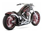 Bold custom black and red motorcycle with chrome accents, perfect for motorcycle enthusiasts.