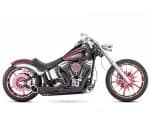 Custom black and red Harley-Davidson motorcycle with chrome accents, perfect for motorcycle enthusiasts.