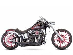 Custom black and red Harley-Davidson motorcycle with chrome accents, perfect for motorcycle enthusiasts.