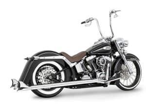 Black Harley Davidson motorcycle with chrome accents and a brown leather seat.