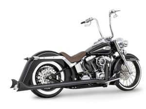 Harley Davidson vintage motorcycle with black and chrome finish, leather seat, and retro styling.