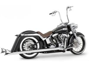 Classic Harley Davidson cruiser motorcycle with chrome accents and leather seat.