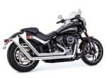 Harley Davidson black touring motorcycle with chrome exhaust pipes and custom wheels.