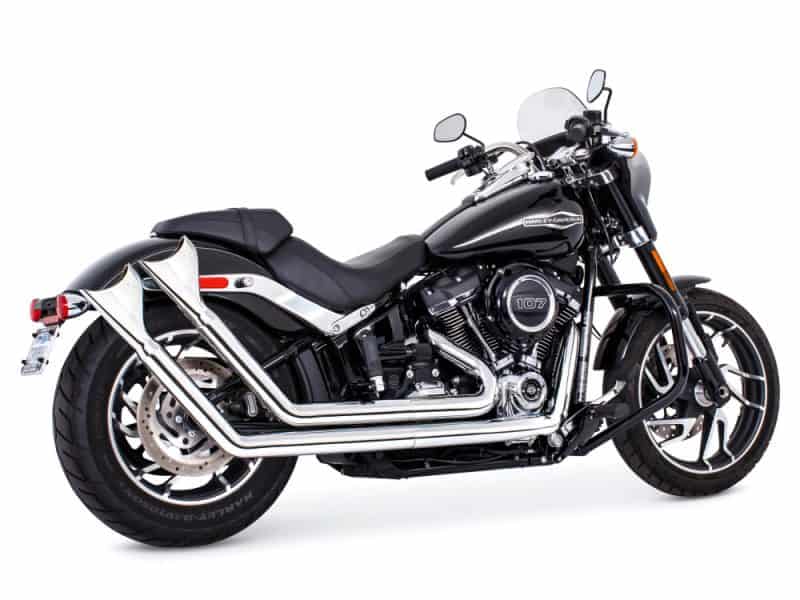 Harley Davidson black touring motorcycle with chrome exhaust pipes and custom wheels.