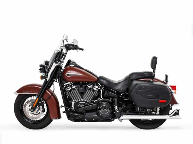 Harley-Davidson motorcycle with leather saddlebags and chrome accents, ideal for cruiser riding in Australia.