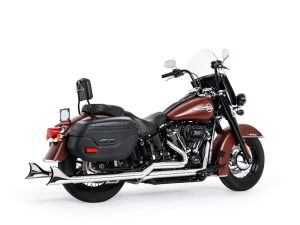 Classic Harley-Davidson touring motorcycle with black leather saddle and saddlebags.