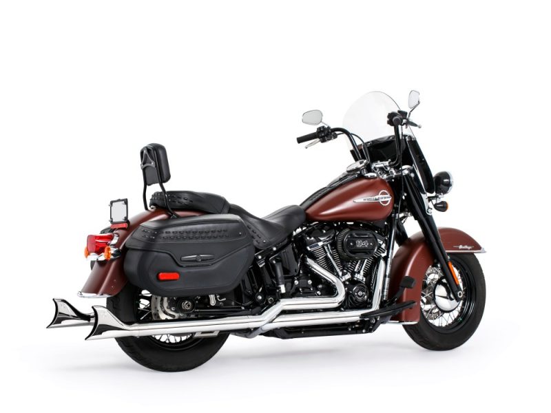 36in. True Dual SharkTail Exhaust - Chrome. Fits Softail 2018up. Classic Harley-Davidson touring motorcycle with black leather saddle and saddlebags.