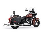 Harley-Davidson motorcycle with leather saddlebags and windshield, ideal for touring.