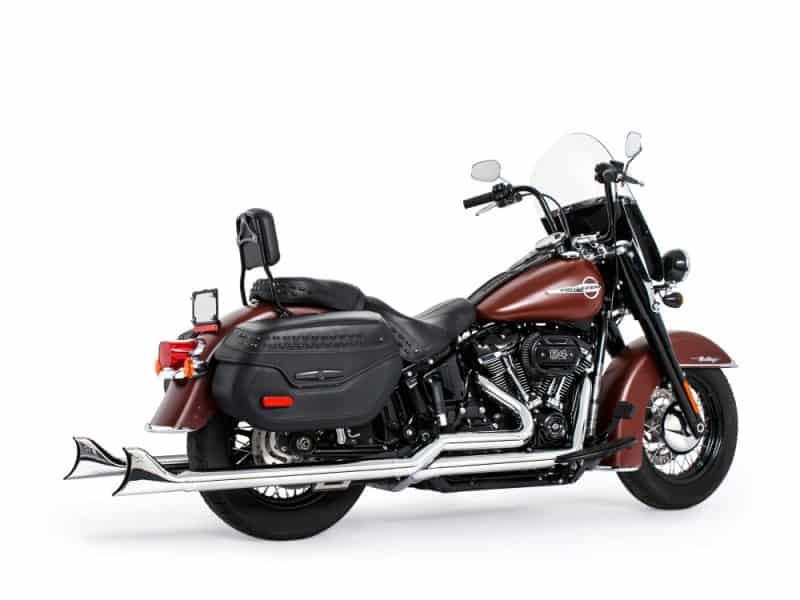 Harley-Davidson motorcycle with leather saddlebags and windshield, ideal for touring.