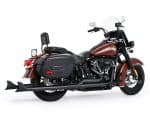 Vivid black and bronze Harley Davidson touring motorcycle with saddlebags and windshield.