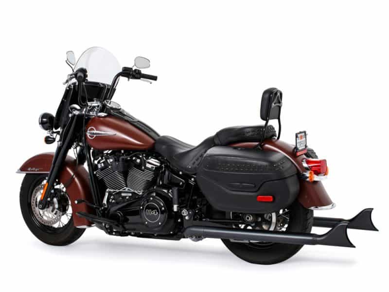 Classic cruiser motorcycle with leather saddlebags and chrome accents for Harley lovers.