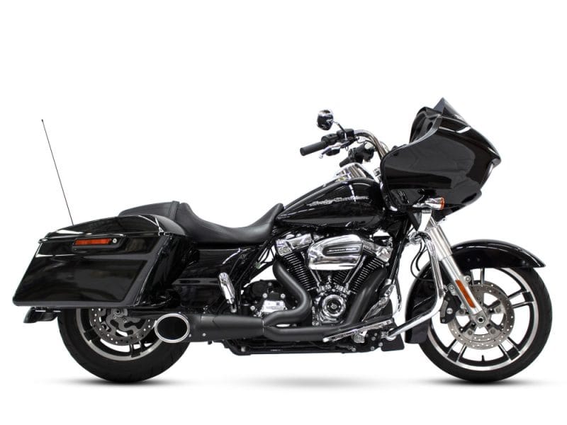 Turnout 2-into-1 Exhaust - Black with Black End Cap. Fits Touring 2017up. Sleek black touring motorcycle with aerodynamic fairing and spacious saddlebags for comfort and style.