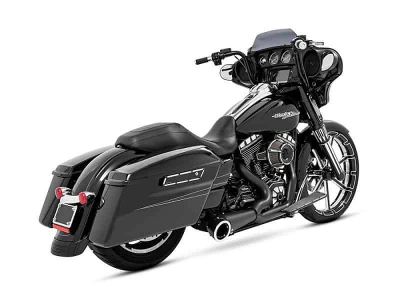 High-performance black touring motorcycle with saddlebags and custom accessories.