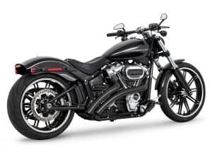 Vivid black Harley-Davidson motorcycle, rugged cruiser style with sleek design.