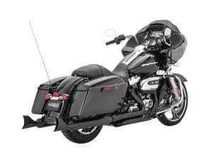 Black touring motorcycle with saddlebags and front fairing for long-distance riding.