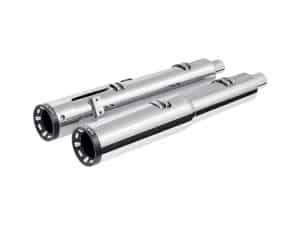 High-performance motorcycle exhaust pipes with chrome finish for Revelry Motorcycles.