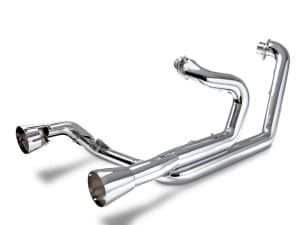 High-performance motorcycle exhaust system in shiny chrome finish.